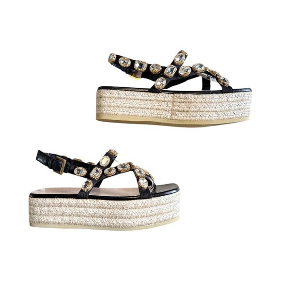 GUCCI Pepita Crystal Espadrille Sandal EU 38.5 US 8.5 Black Leather Platform - Picture 3 of 9